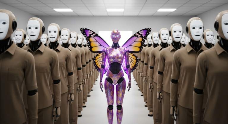 The Beige Problem - Purple butterfly robot among identical beige robots