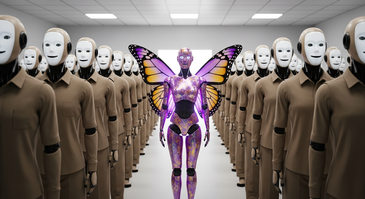 The Beige Problem - Purple butterfly robot among identical beige robots