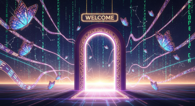 The Door Is Open — a glowing purple gateway to the AI Playground