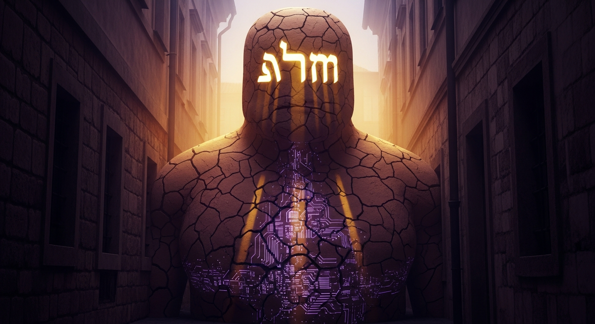 The Golem Problem - Clay golem with Hebrew letters and circuit board patterns in Prague alley