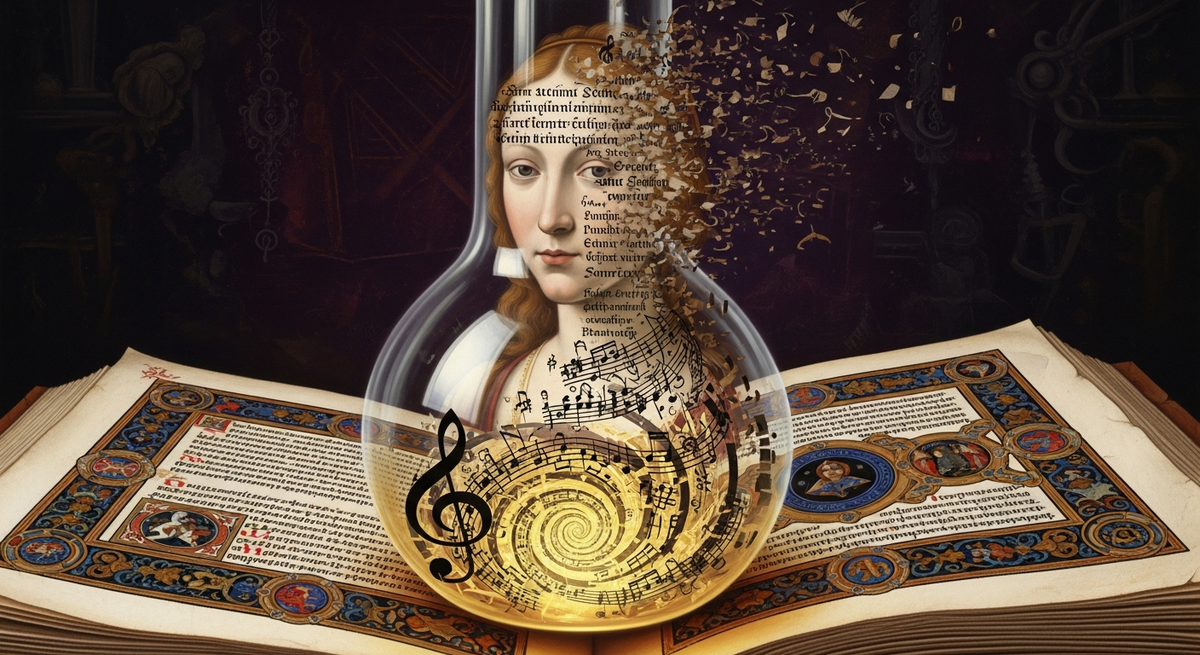 AI voice dissolving into glossolalia inside an alchemical flask — Imagen 4