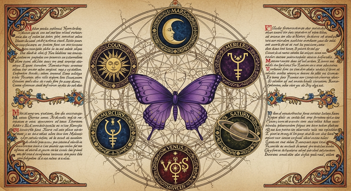 Seven planets around a purple butterfly — hermetic illumination