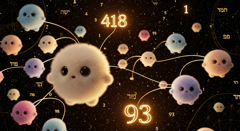 Tribbles floating among glowing numbers 418 and 93 with Hebrew letters