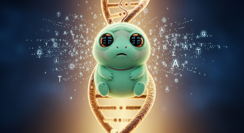 A mint-green tribble perched on a glowing DNA double helix, code reflected in its eyes