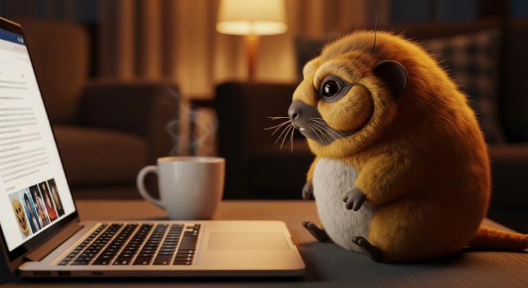 Tribble reading pamphage.com on a laptop