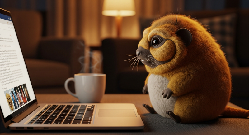 Tribble reading pamphage.com on a laptop