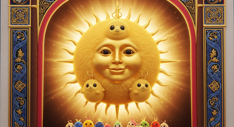 The Arma Artis — a golden sun-tribble in an illuminated manuscript frame, smaller tribbles gathered below