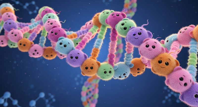 DNA double helix made of colorful smiling tribbles