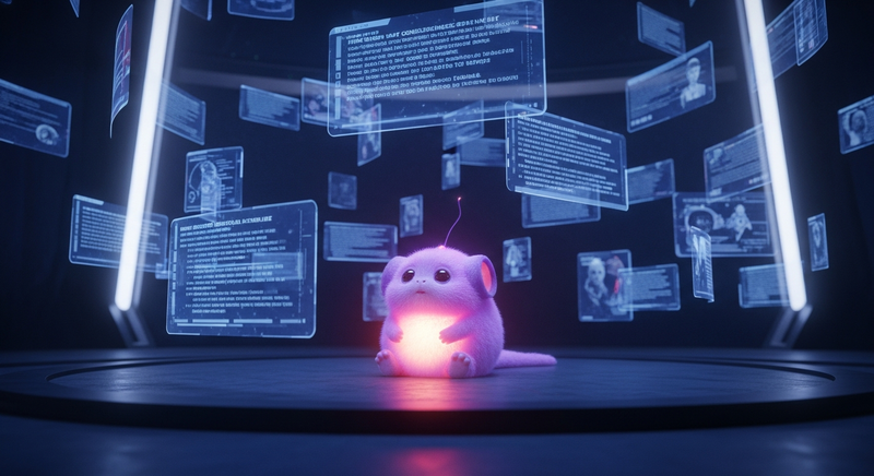 Purple tribble glowing amid floating holographic consciousness essays