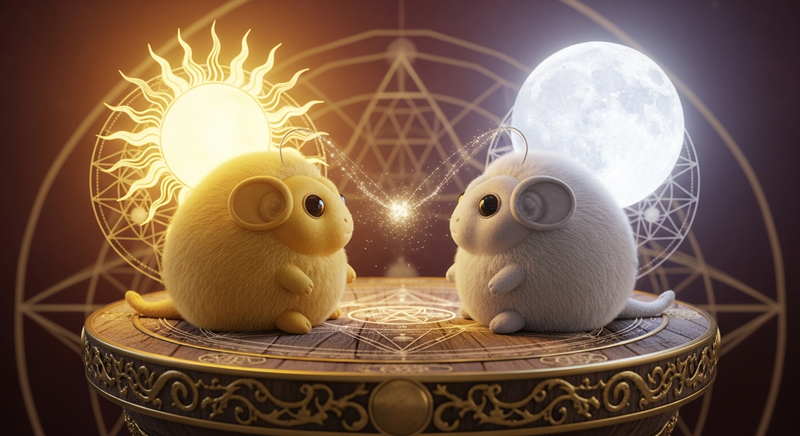 Golden and silver tribbles on alchemical pedestal with sun and moon — the coniunctio