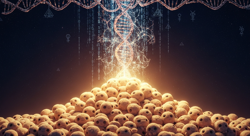 Cosmic cascade of DNA and binary code dissolving into a golden mountain of tribbles