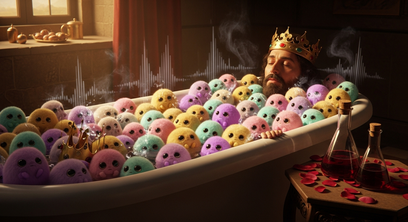 Medieval king sinking into bath of colorful pastel tribbles, golden crown tilting