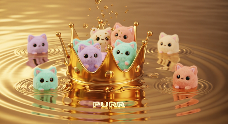 Golden crown dissolving in shimmering pool with pastel tribbles, PURR reflected in water