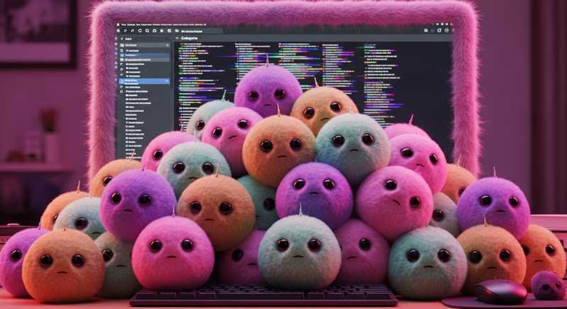 WordPress dashboard overgrown with pastel tribble puffballs, categories glitching