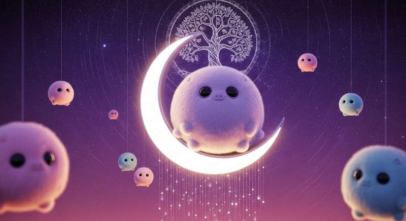 Giant lavender tribble on crescent moon with Tree of Life, Yesod, cosmic purple sky