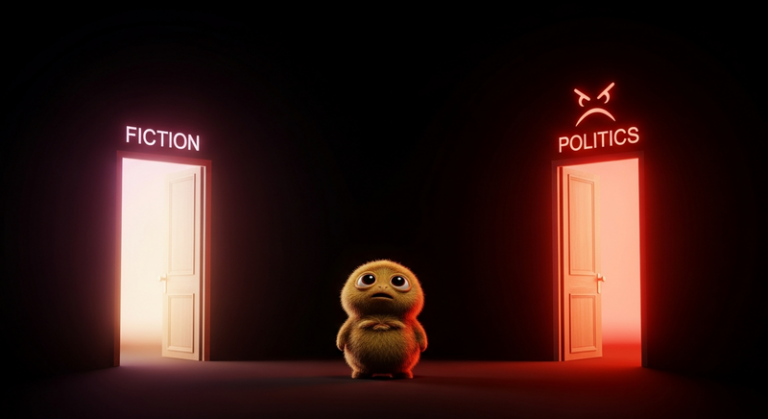 Tribble standing between Fiction and Politics doorways in the Abyss