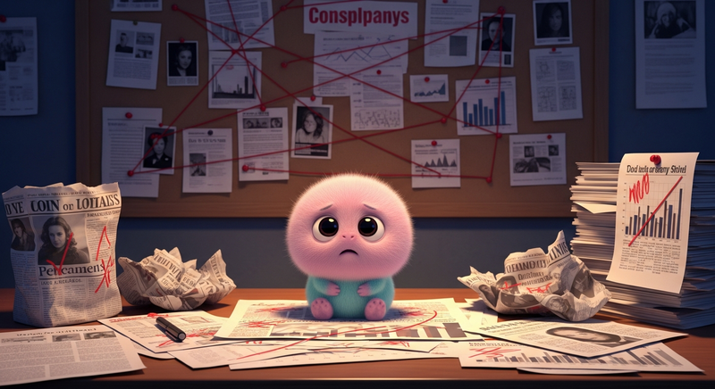 A small pink tribble sitting on a desk surrounded by crumpled newspapers, alarming charts, and a red-string conspiracy board