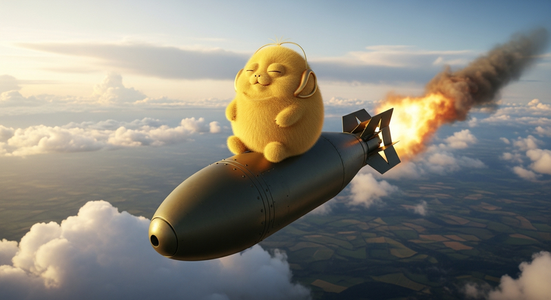 A golden tribble riding a falling bomb through clouds with its eyes closed, purring peacefully — Dr. Strangelove homage