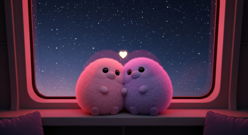Two adorable pastel tribbles in love on a starship windowsill