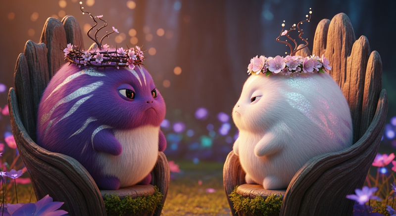 Oberon and Titania, the feuding tribble monarchs, on their forest thrones