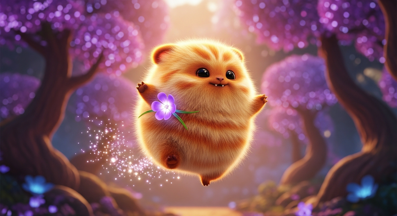 Puck the golden tribble bouncing through the enchanted forest with a purple flower