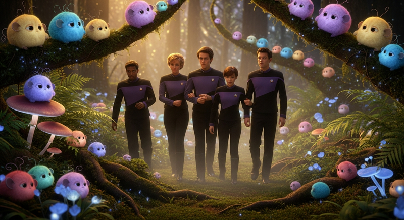 Four Starfleet cadets stumbling through an enchanted forest filled with glowing tribbles