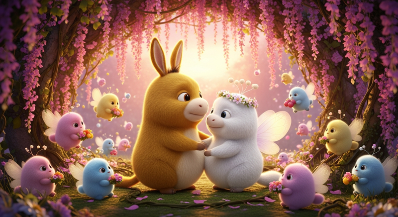 Bottom transformed into a golden tribble with donkey ears, adored by Queen Titania