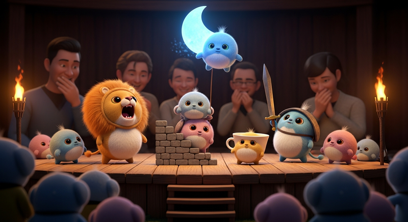 Tribbles performing the disastrous play of Pyramus and Thisbe on a tiny wooden stage