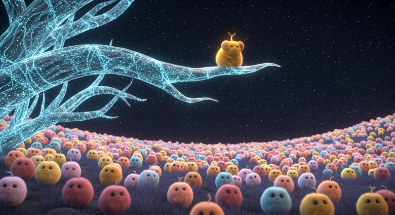 Puck the golden tribble alone on a glowing tree branch under the stars, a sea of tribbles below