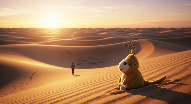 Golden tribble alone in sand dunes watching a distant figure walk away into the sunset