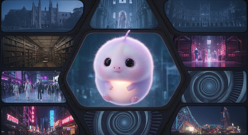 Lavender tribble surrounded by honeycomb windows showing dream signs — campus, library, mall, streets