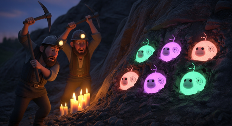 Medieval miners discovering glowing tribbles embedded in hillside ore