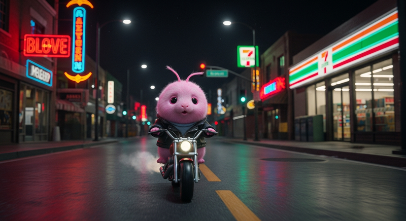 Pink tribble in leather jacket riding motorcycle past 7-Eleven on midnight Albuquerque street
