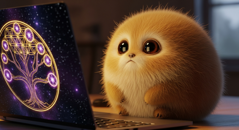 Tribble staring at the Tree of Life on a laptop