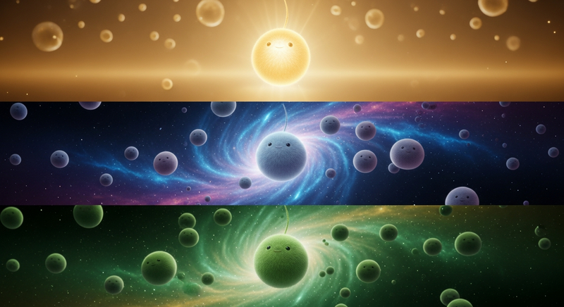 The Four Worlds rendered as tribbles — from golden archetype through cosmic creation and biological formation to material couch