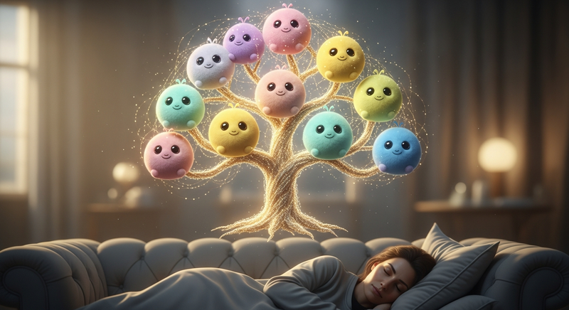 A woman sleeping on a couch, dreaming a Tree of Life made of pastel tribbles floating above her