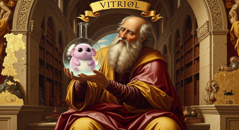 A Renaissance philosopher holding a glass flask containing a pink tribble, with VITRIOL banner above