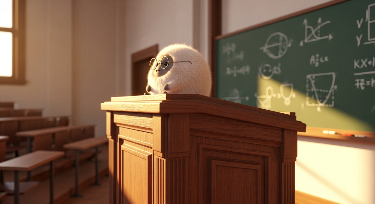 Professor Prrrt — a tribble wearing spectacles on a lecture podium