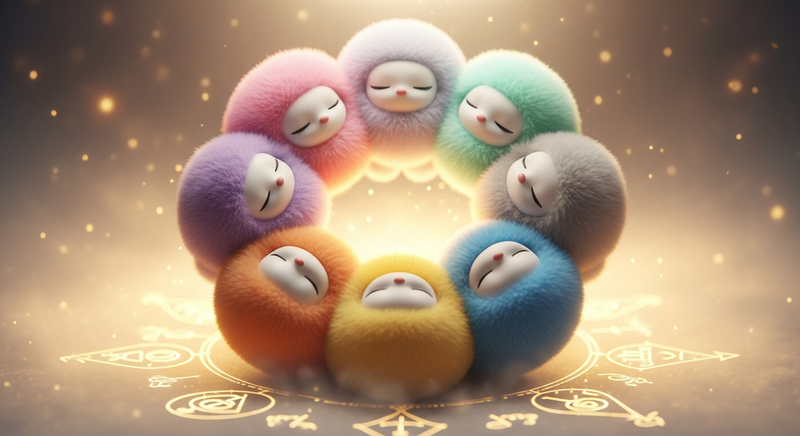 Seven tribbles arranged in a flower circle with eyes closed over alchemical symbols