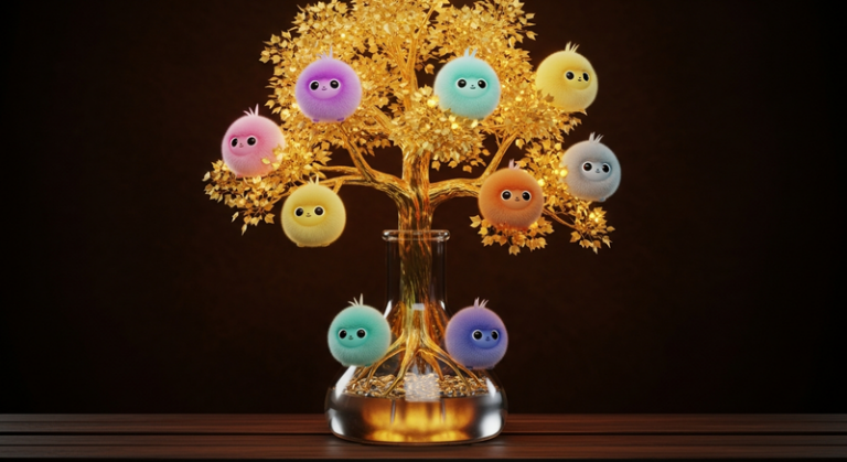 Golden alchemical tree growing from a flask with seven tribble-flowers in different colors