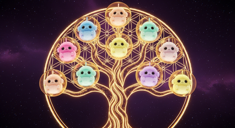 Tree of Life with tribbles in each Sephirah against cosmic purple background