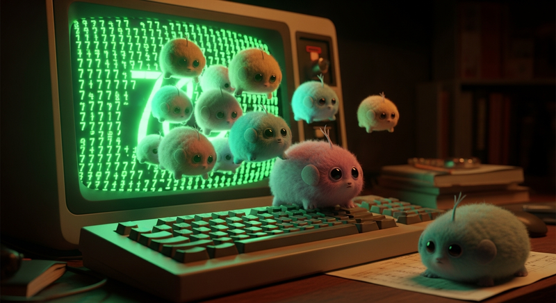 Tribbles crawling out of a retro computer terminal displaying endless sevens