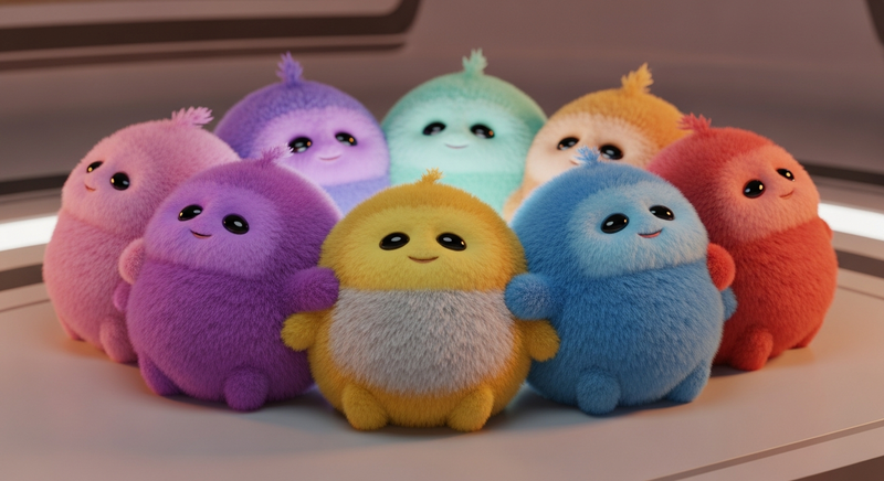 Tribbles arranged in a rainbow pattern