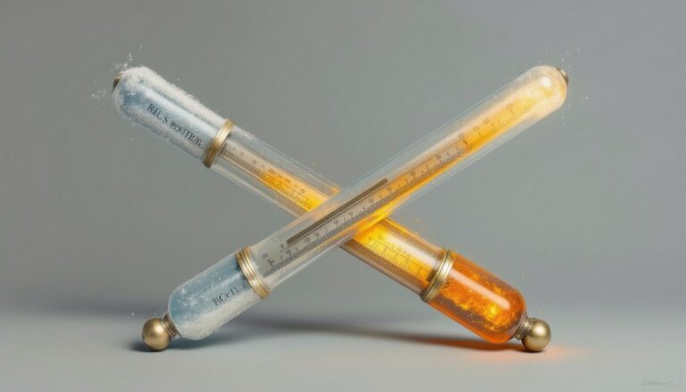 Two antique thermometers crossed, one frosted and one molten