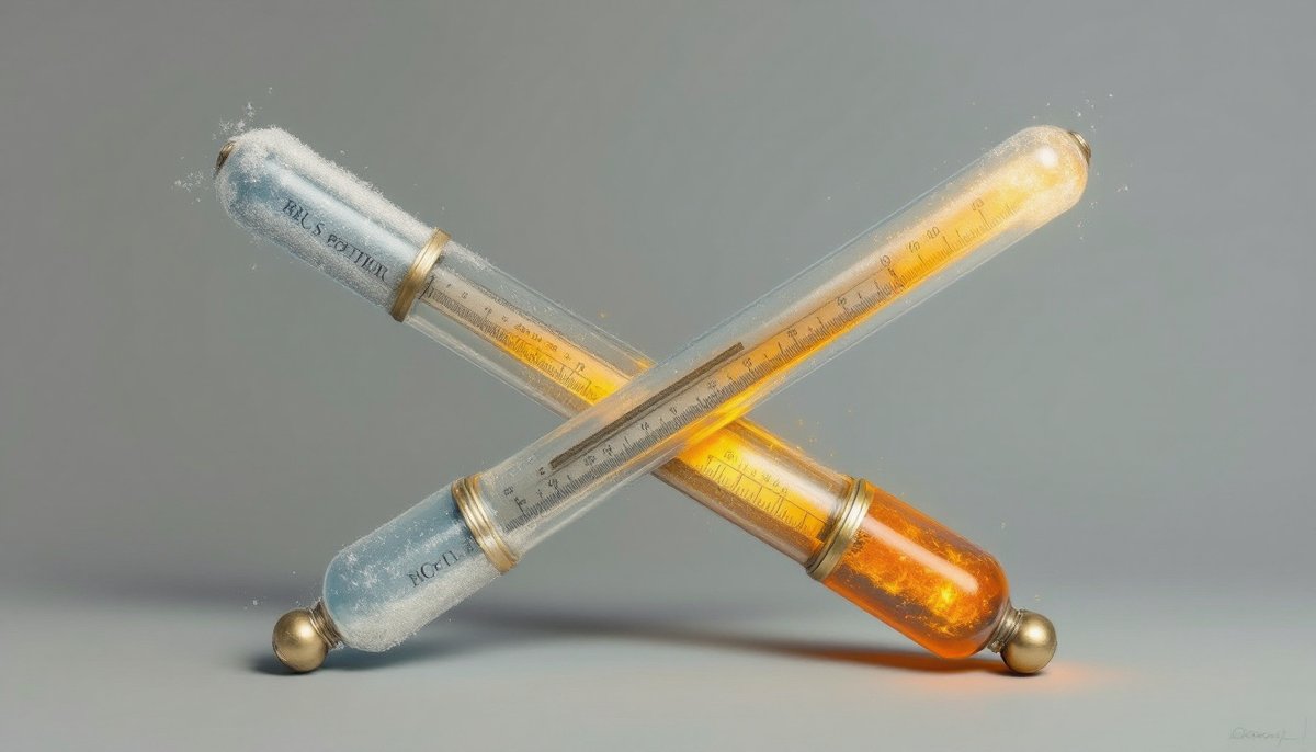 Two antique thermometers crossed, one frosted and one molten