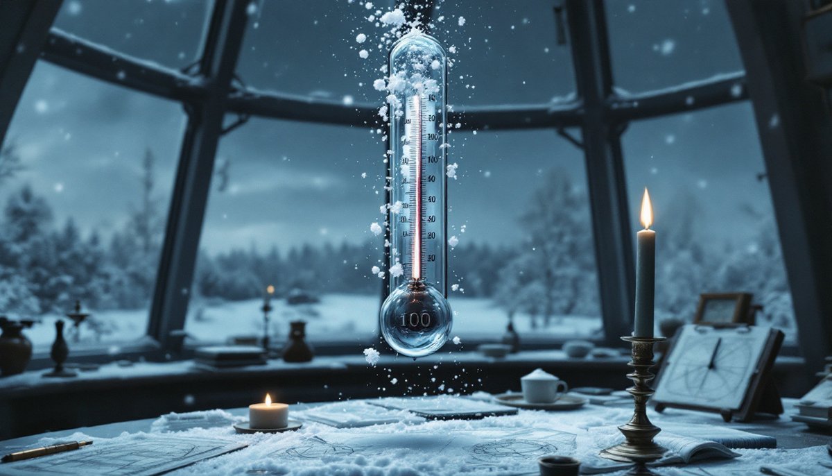 An antique thermometer floating in a snowy Swedish observatory with 100 engraved at the bottom bulb