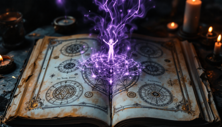 A grimoire open to its sigils, a summoning hesitating above the page