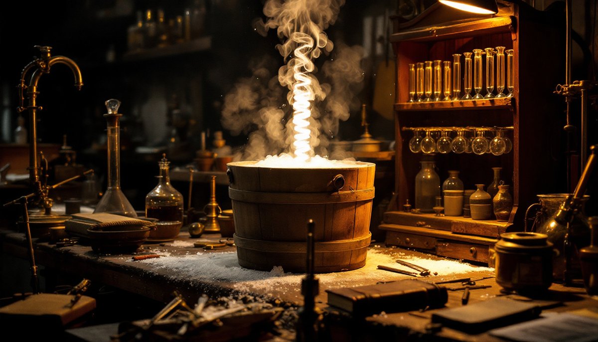 A 1720s glassblower's workbench with a wooden bucket of salt-ice brine steaming upward in a spiral